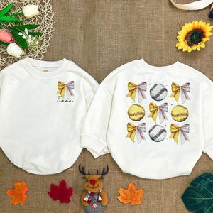 Personalized Baseball Softball Bow Romper Sweatshirt, Coquette Baseball Romper, Retro Sports Gift, Softball Baseball Newborn, Baby Shower