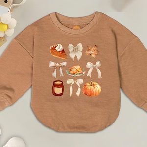 Coquette bows and Pumpkins Pie Romper Sweater, Retro leaves fall Baby Clothes, Preppy Thanksgiving, Halloween Pumpkin Baby, Holiday Romper