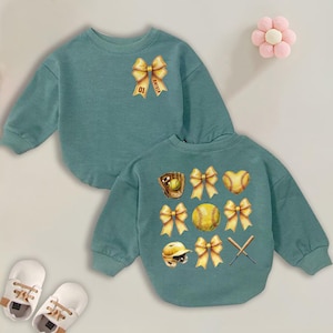 Personalized Coquette Bow Softball Romper, Retro Softball Bow Baby Clothes, Softball Season, Coquette Softball Baby, Softball Mama Baby Gift