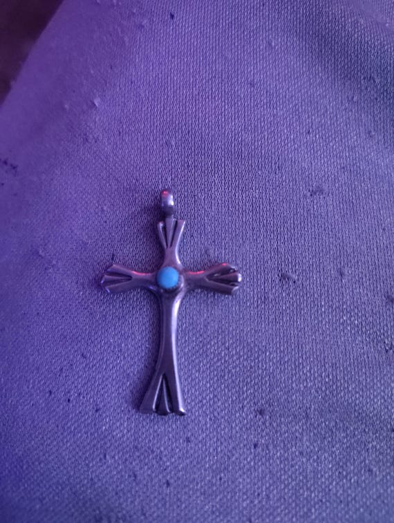 Silver Cross Pendant with Turquoise Accent. - image 1