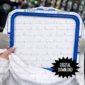 May include: A white t-shirt is held in a blue embroidery hoop. The text "ah Custom Designs" is faintly visible on the shirt. A black starburst graphic with the words "DIGITAL DOWNLOAD" is in the lower right corner.