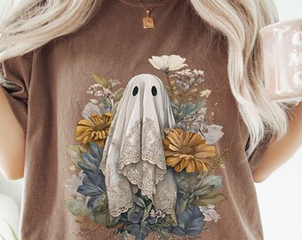 Floral Ghost Comfort Colors Shirt: Spooky Season Halloween Tee
