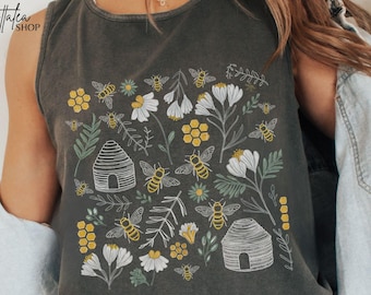 Honey Bee Floral Tank Top - Comfort Colors 9360 - Cottagecore Sleeveless Shirt