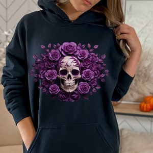 Floral Skull Hoodie purple roses hoodie Whimsigoth Boho Graphic Sweatshirt bloom purple roses skull fall Halloween hoodie rose hoodie sweat