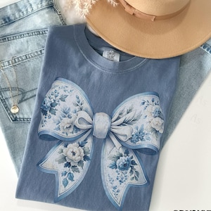 Toile De Jouy Coquette Bow Shirt Comfort Colors®, Blue Ribbon Sweater Girly Aesthetic Tee gift, Blue Ribbon Shirt Girly Aesthetic