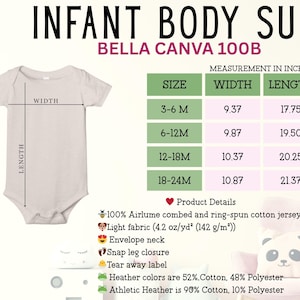 May include: A light-colored infant bodysuit with the text "INFANT BODY SUIT" and "BELLA CANVA 100B". Measurements in inches are provided for different sizes, including width and length. Product details are also listed.