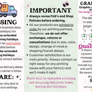May include: A graphic with information about processing times, important policies, graphic scale, and a quality promise for printed products. The text includes phrases like "processing times", "estimated delivery dates", "quality promise", "graphic scale", and "size selection".