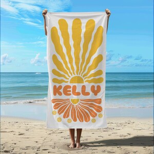 Retro Custom Beach Towel gift, Groovy Beach Towel With Name, Birthday Vacation Gift, Sunny girls personalized Towel, bach beach party towel