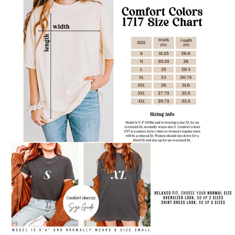 Pode incluir: Camiseta Comfort Colors 1717 creme com tabela de tamanhos. A tabela mostra medidas em polegadas para tamanhos de S a 4XL. A imagem tamb&eacute;m inclui um guia de tamanhos e informa&ccedil;&otilde;es sobre o ajuste.