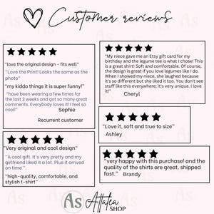 May include: Five customer reviews for a t-shirt with a legume design. The reviews are all positive and highlight the quality, comfort, and uniqueness of the shirt. "Love the original design - fits well." "Love the Print! Looks the same as the photo." "My kiddo things it is super funny!" "Very original and cool design." "very happy with this purchase! and the quality of the shirts are great. shipped fast."