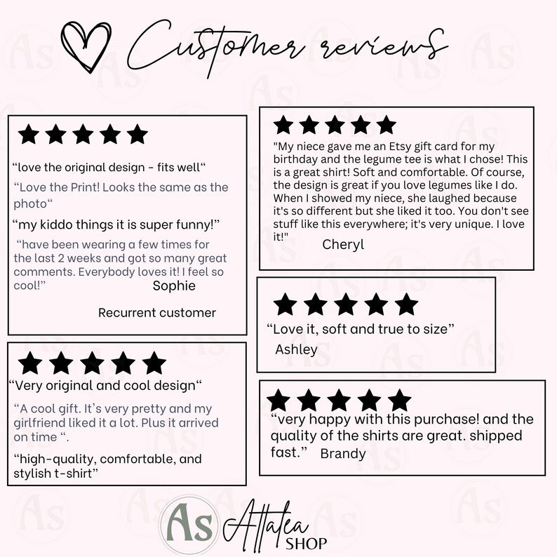 May include: Five customer reviews for a t-shirt with a legume design. The reviews are all positive and highlight the quality, comfort, and uniqueness of the shirt. "Love the original design - fits well." "Love the Print! Looks the same as the photo." "My kiddo things it is super funny!" "Very original and cool design." "very happy with this purchase! and the quality of the shirts are great. shipped fast."