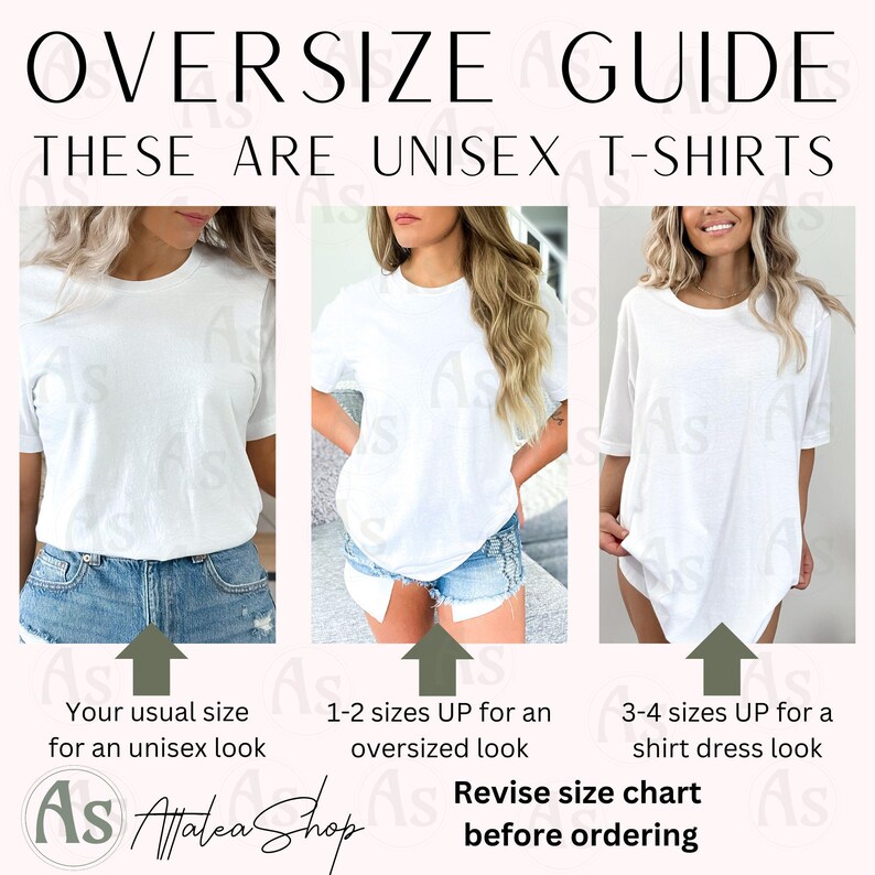 Pode incluir: Guia de tamanhos para camisetas unissex. O guia mostra como as camisetas se ajustam. O texto diz: "Seu tamanho normal para um look unissex", "1-2 tamanhos MAIORES para um look oversized" e "3-4 tamanhos MAIORES para um vestido camisa".
