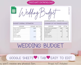 Modelo de orçamento de casamento de uma página, Planilhas Google (Download digital)