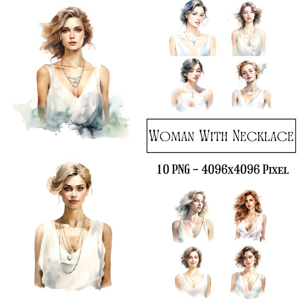 Woman with Necklace Digital Graphic, Fashion Girl, 10 Woman Illustration, Digital clipart PNG, Pretty Woman Portraits, Transparent PNG