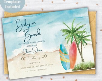 Editable Beach Themed Baby Shower, Baby on Board Baby Shower, Boy Baby Shower, Girl Baby Shower, Surf, Beach Baby Shower, Digital Download