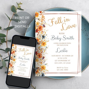 Fall Floral Baby Shower Invitation, Fall in Love Invite, Gender Neutral Baby Shower, Instant Download, Digital Autumn Printable Evite