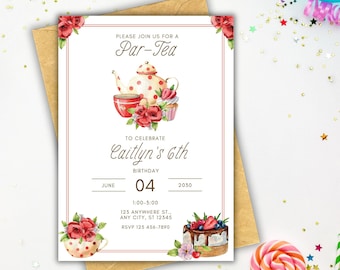 Tea Party Birthday Invitation, Editable Whimsical Tea Time Invite, Tea Theme Birthday, Girl Birthday Invitation, Digital Invitation