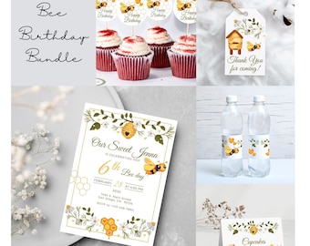 May include: Bee-themed birthday party printable bundle with a yellow and black bee illustration, a honeycomb pattern, and the text "Our Sweet Jenna is celebrating her 6th Bee day". The bundle includes cupcake toppers, water bottle labels, a thank you tag, and an invitation.