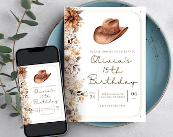 Printable Cowgirl Birthday Invitation, Western Chic Birthday, Western Theme Birthday, Girl Birthday Evite, Classy Western Invitation, SPB4