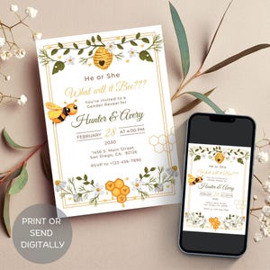 Invito modificabile per rivelare il sesso di un'ape, invito per rivelare il sesso, rivelare il sesso di lui o lei, rivelare il sesso a tema ape, download digitale, SPGR1