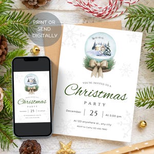 May include: A Christmas party invitation with a snow globe illustration, featuring a house in a snowy landscape. The invitation includes the text "Christmas Party" and event details. A smartphone displays the same design. The invitation is surrounded by festive decorations.