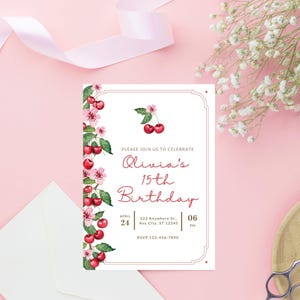 May include: A white invitation with a cherry blossom border. The invitation is for Olivia's 15th birthday party. The party is on April 24th at 6:00 PM. The address is 123 Anywhere St., Any City, ST 12345. The RSVP number is 123-456-7890.