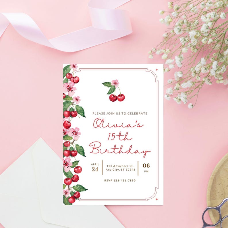 May include: A white invitation with a cherry blossom border. The invitation is for Olivia's 15th birthday party. The party is on April 24th at 6:00 PM. The address is 123 Anywhere St., Any City, ST 12345. The RSVP number is 123-456-7890.