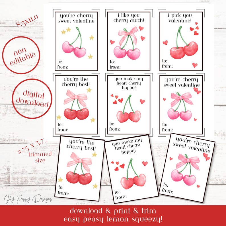 Cherry Printable Valentine Cards, Cherry Sweet Valentine, Class Party ...