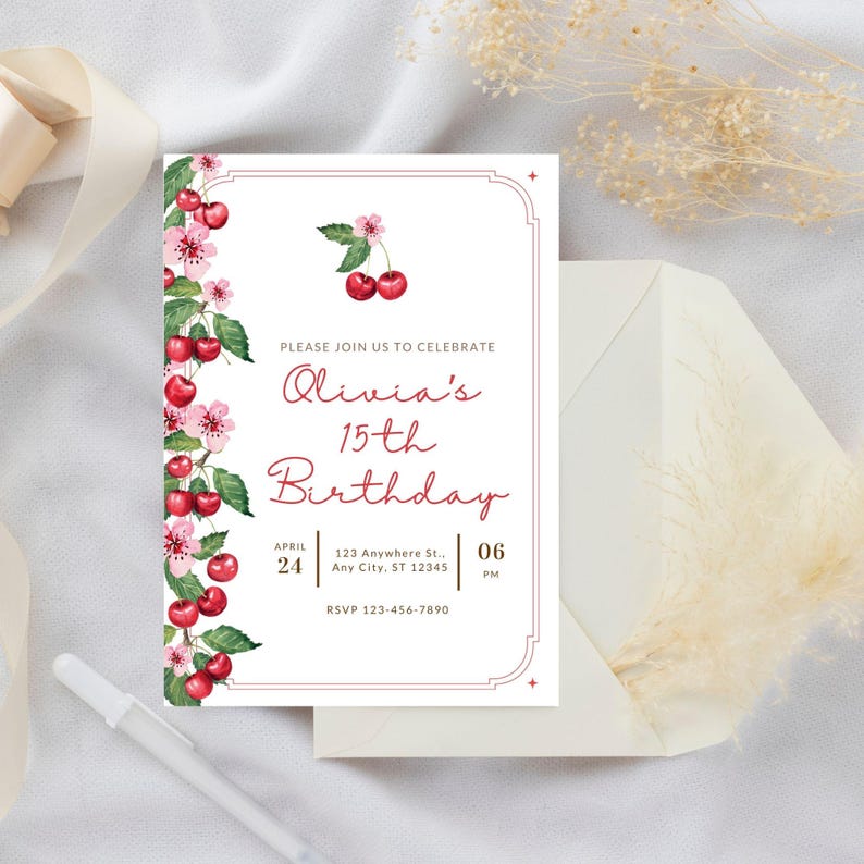 May include: A white invitation with a red border and cherry blossom design. The text reads "Please join us to celebrate Olivia's 15th Birthday" with the date and time of the event.