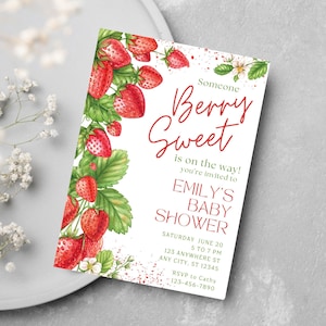 Strawberry Baby Shower Invitation Template, Berry Sweet Baby on the Way Editable Invite, Berry Baby Shower Invitation, Printable Invite