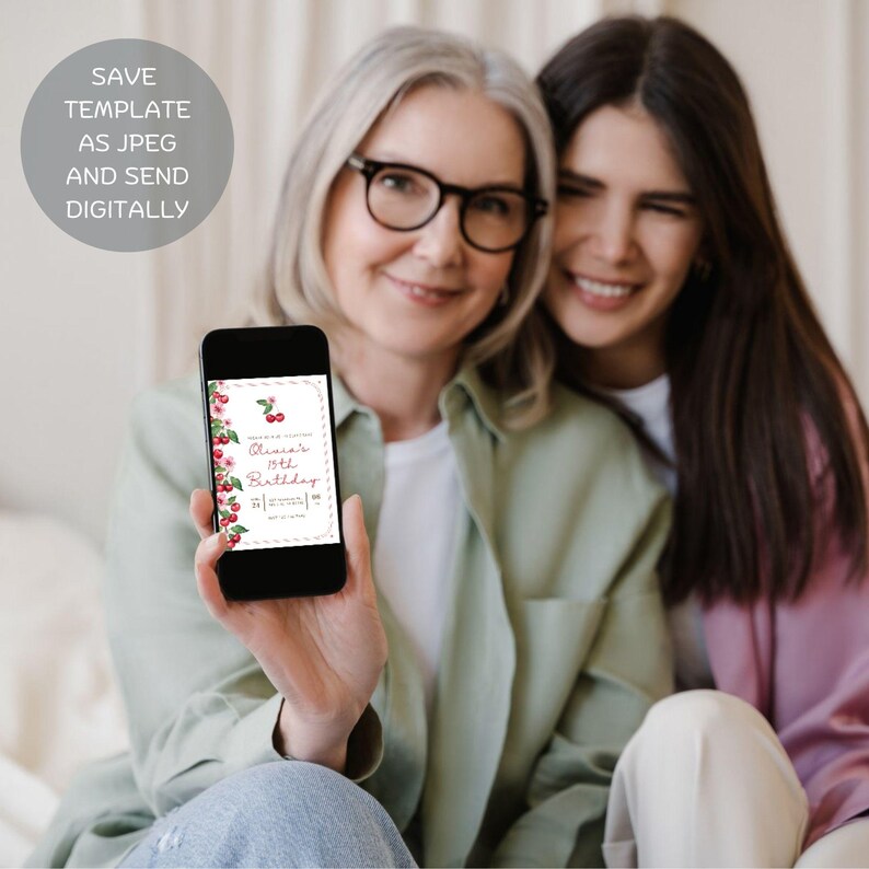 May include: A woman holds a smartphone displaying a digital invitation for a birthday party. The invitation features a cherry theme with the text "Olivia's 19th Birthday" and a red and white checkered border.