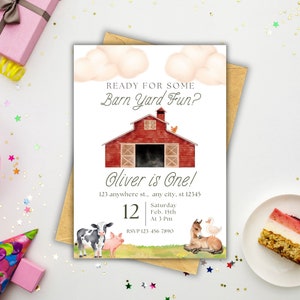 Farm Theme First Birthday Invitation, Farm 1st Birthday Invite, Printable Barnyard Party Invitation, Animal Theme Birthday, Toddler Party