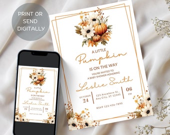 Editable Pumpkin Baby Shower Invitation, A Little Pumpkin Fall Invite, Gender Neutral Baby Shower, Instant Download, Autumn Printable Invite