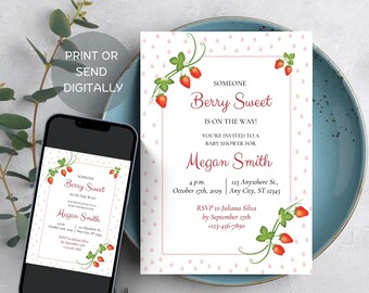 Printable Strawberry Baby Shower Invitation, Berry Baby Shower Invite, Summer Baby Shower, Girl Baby Shower, Fruit Shower, Digital Invite