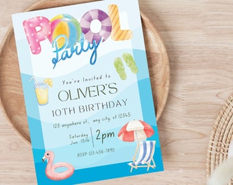 Bearbeitbare Pool Party Einladung, Pool Party Geburtstag, Sommer Party Einladung, Sommer Geburtstag einladen, Kinder Pool Party, digitaler Download
