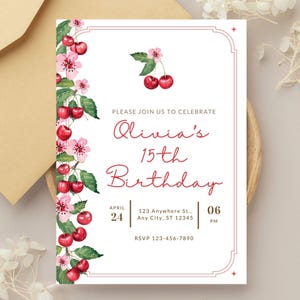 May include: A white invitation with a red border and a cherry blossom design. The text reads "Please join us to celebrate Olivia's 15th Birthday". The date is April 24th at 6 PM. The address is 123 Anywhere St., Any City, ST 12345. RSVP 123-456-7890.