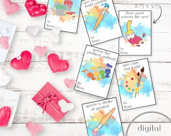 Artist Printable Valentine Cards, Art Paint Palette, Art Class Party, Paintbrush Valentine Exchange, School Valentine, Digital Download