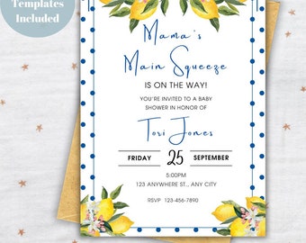 Printable Lemon Theme Baby Shower Invitation, Main Squeeze Baby Shower, Gender Neutral Shower, Summer Shower, Digital Download Watercolor