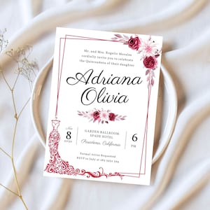 Editable Quinceanera Invitation, Burgundy and Pink, Floral Mis Quince Anos, 15th Birthday Invite Template, Instant Download