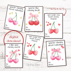 Tarjetas de San Valentín imprimibles con cerezas, San Valentín dulce con cerezas, obsequios para la fiesta de la clase, intercambio de San Valentín, San Valentín escolar, descarga digital