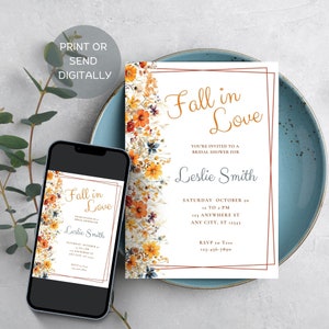 Fall In Love Bridal Shower Invitation, Editable Autumn Bridal Shower Invite, Fall Bridal Shower, Fall Floral Bridal Shower Evite Template