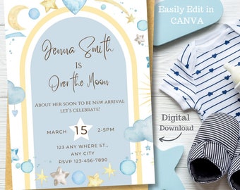 Moon and Stars Theme Baby Shower Invitation, Over the Moon Invite, Boy Baby Shower, Digital Download, Celestial Shower, Editable Invitation