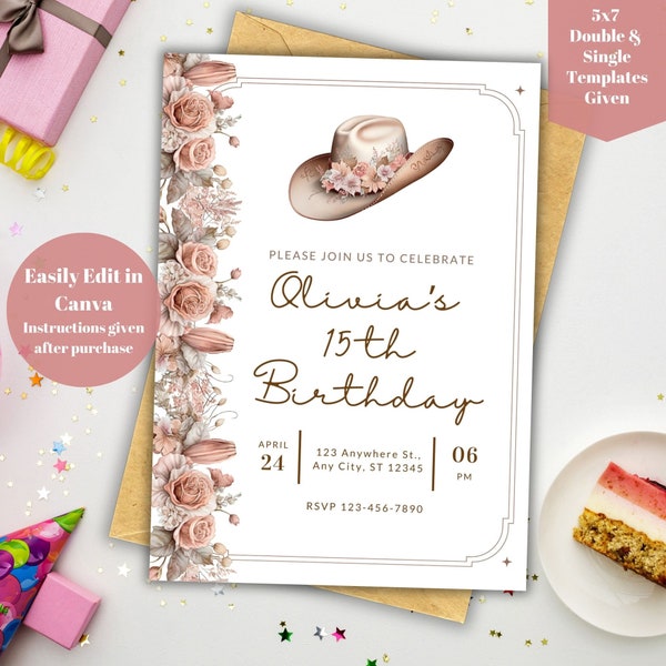 Printable Cowgirl Birthday Invitation, Western Chic Birthday, Western Theme Birthday, Girl Birthday Invitation, Classy Western Invitation