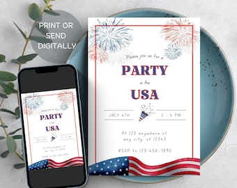 Fourth of July Editable Party Invitation, 4th of July Evite, Independence Day Invitation, Printable 4th BBQ Invitation, Digital Download