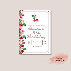 Cherry Birthday Invitation Editable, Berry Theme Party, Cherry Birthday Evite, Digital Download, Modern Adult, Cherry Chic, Elegant Invite image 6