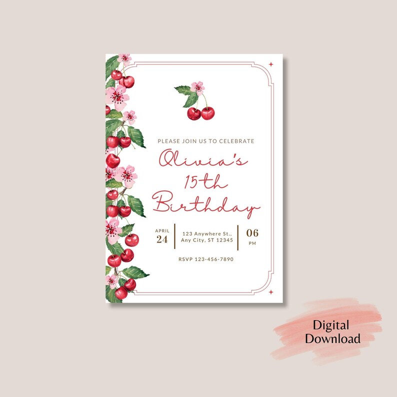Cherry Birthday Invitation Editable, Berry Theme Party, Cherry Birthday Evite, Digital Download, Modern Adult, Cherry Chic, Elegant Invite image 6