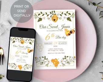 Editable Bee Themed Birthday Invitation, Summer Birthday, Honey Bee Invite, Bee Day Party, Digital Download, Sweet Bee Birthday, SPB2