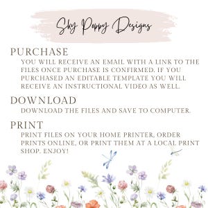 May include: A white background with text that reads "Sky Poppy Designs". Below the text are instructions for purchasing, downloading, and printing digital files. The text is in black and the background is a light pink. The bottom of the image features a watercolor illustration of a field of wildflowers with a dragonfly.