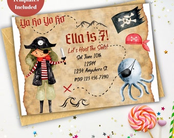 May include: A printable pirate-themed birthday invitation for a child turning seven. The invitation features a cartoon pirate girl with a sword, a skull and crossbones flag, and an octopus. The text on the invitation reads "Yo ho yo ho Ella is 7! Let's Hoist The Sails! Sat. June 10th 12PM 1234 Anywhere St. RSVP 123 456-7890".