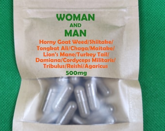 WOMAN and MAN, HornyGoatWeed, TongkatAli, Damiana, Tribulus, LionsMane, Shiitake, Chaga, Maitake, Turkey Tail, CordycepsMilitaris